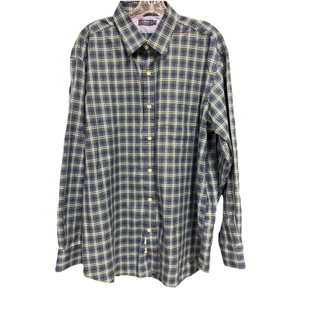 Lincs DC & Co Men's XL 100% Cotton Plaid Shirt Blue Button Up Work Formal